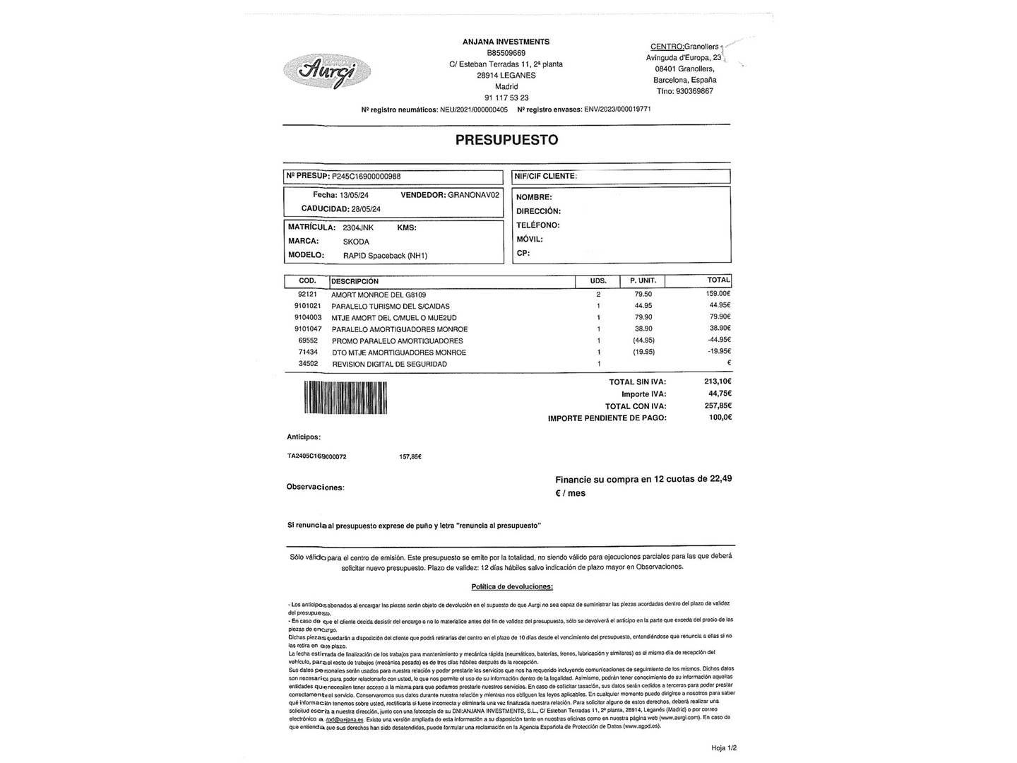 Foto del mantenimiento del Skoda Spaceback Skoda Spaceback 1.4 TDI Ambition DSG (90 CV)