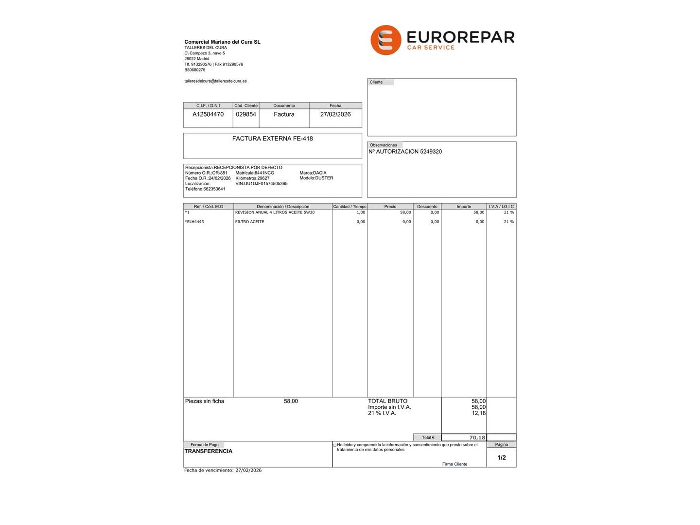 Foto del mantenimiento del Dacia Duster Dacia Duster Journey TCE 48v 4X2 (130 CV)