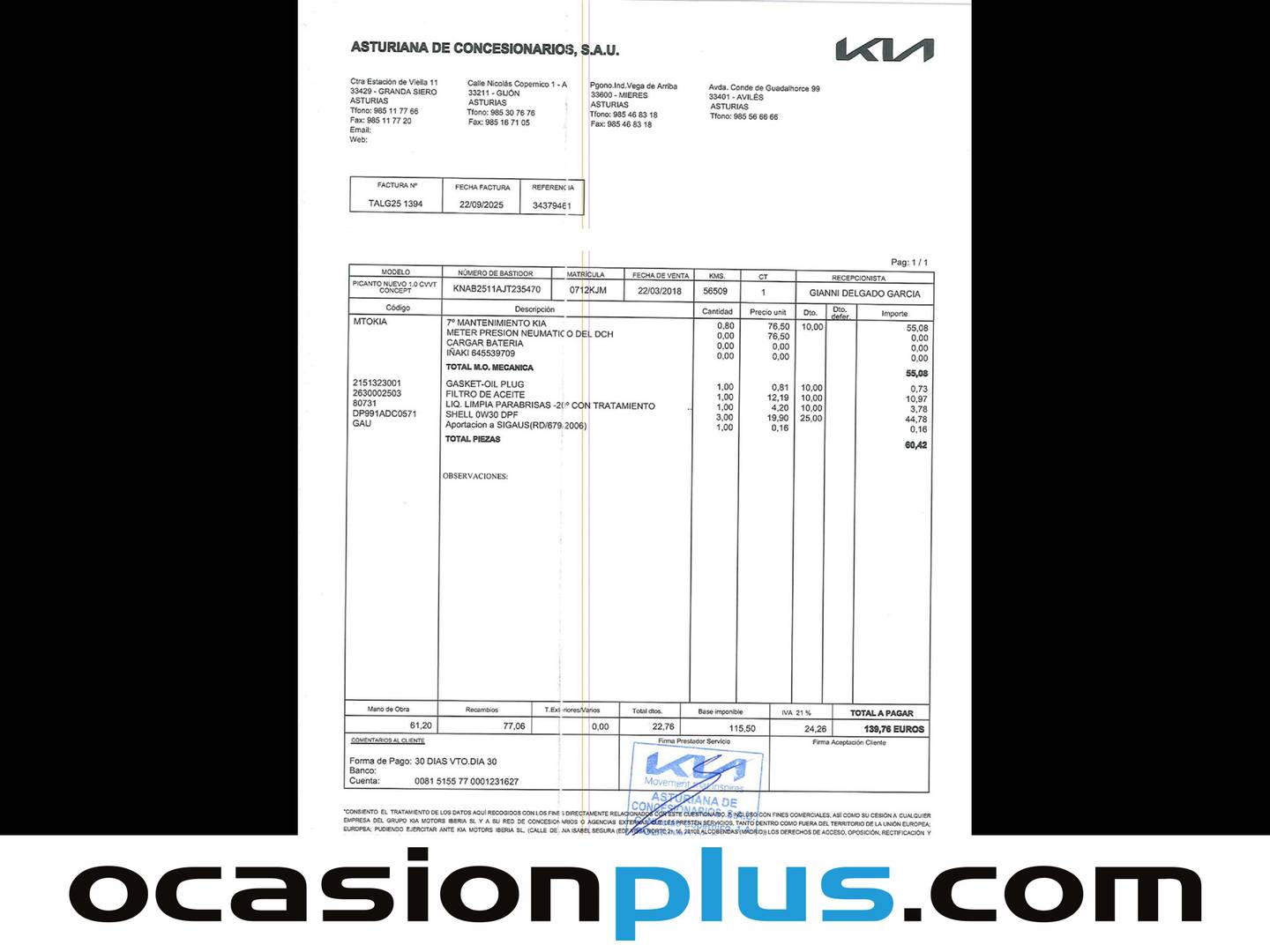 Foto del mantenimiento del KIA Picanto KIA Picanto 1.0 CVVT Concept (67 CV)