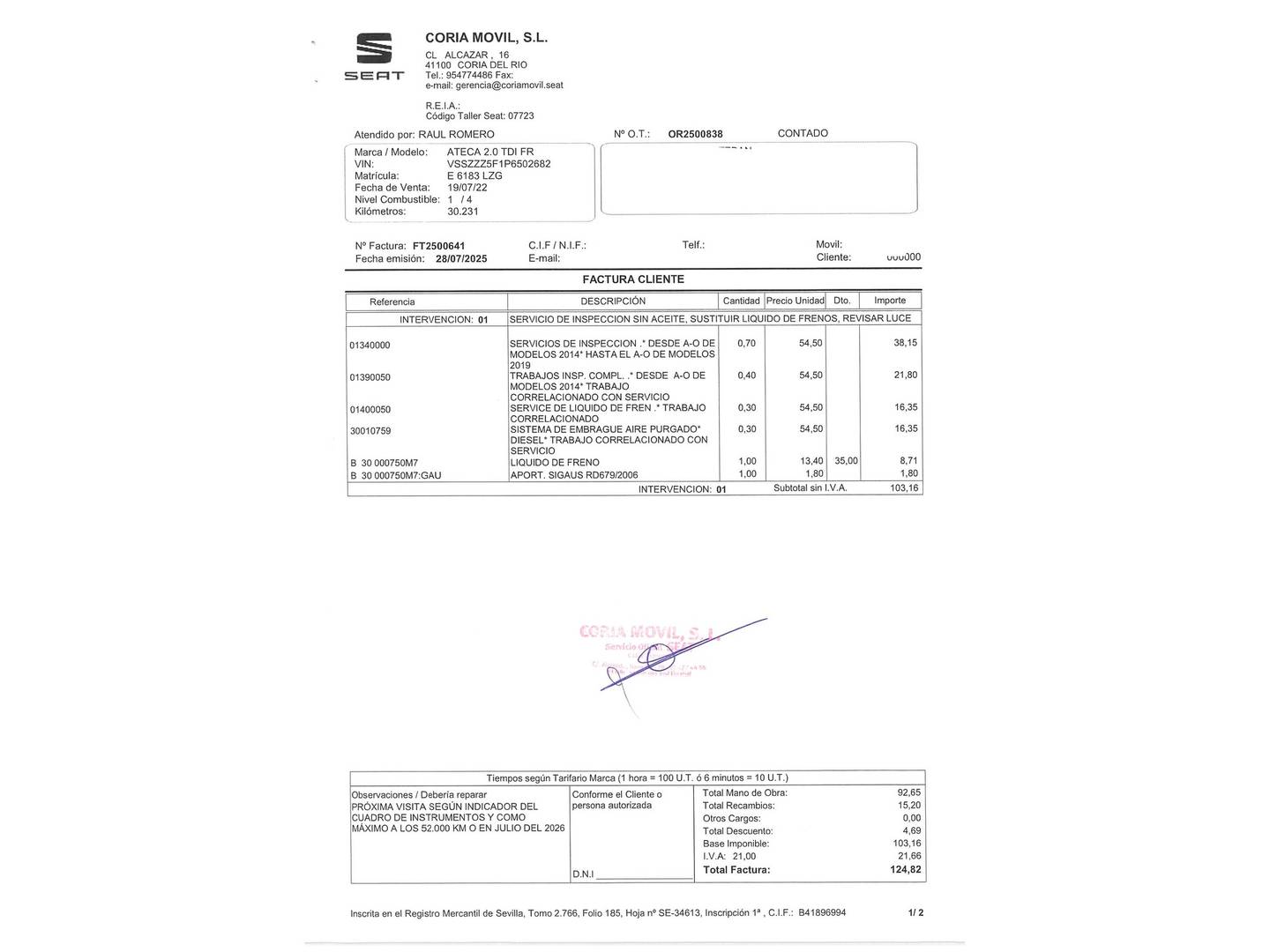 Foto del mantenimiento del Seat Ateca Seat Ateca 2.0 TDI S&S FR XL (150 CV)