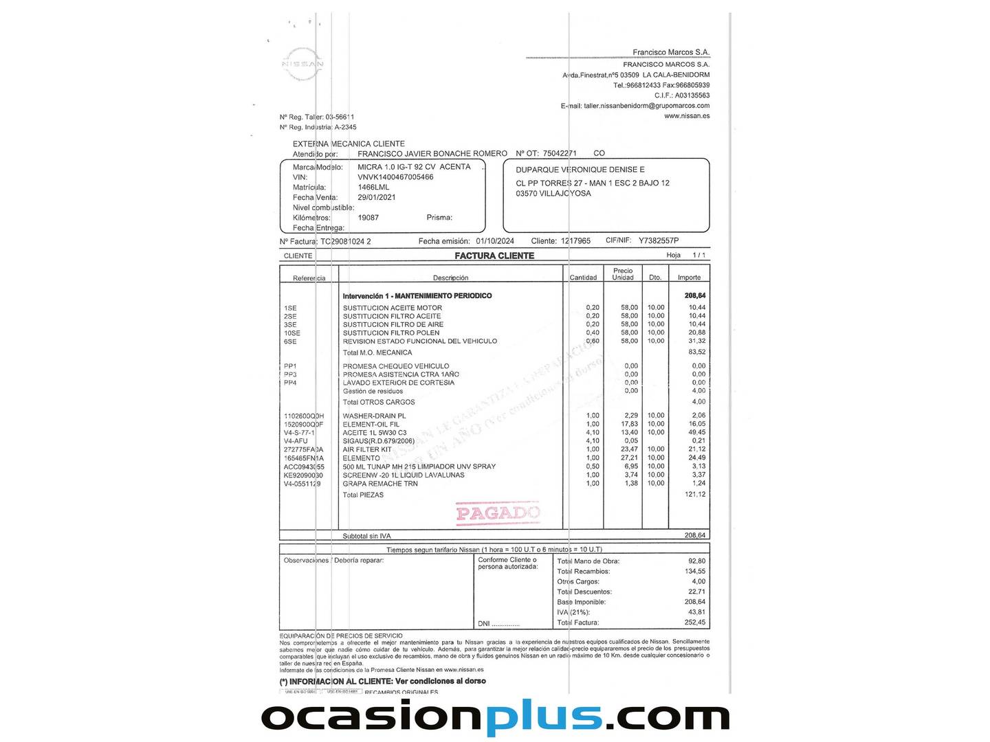Foto del mantenimiento del Nissan Micra Nissan Micra IG-T 92 Acenta CVT (92 CV)