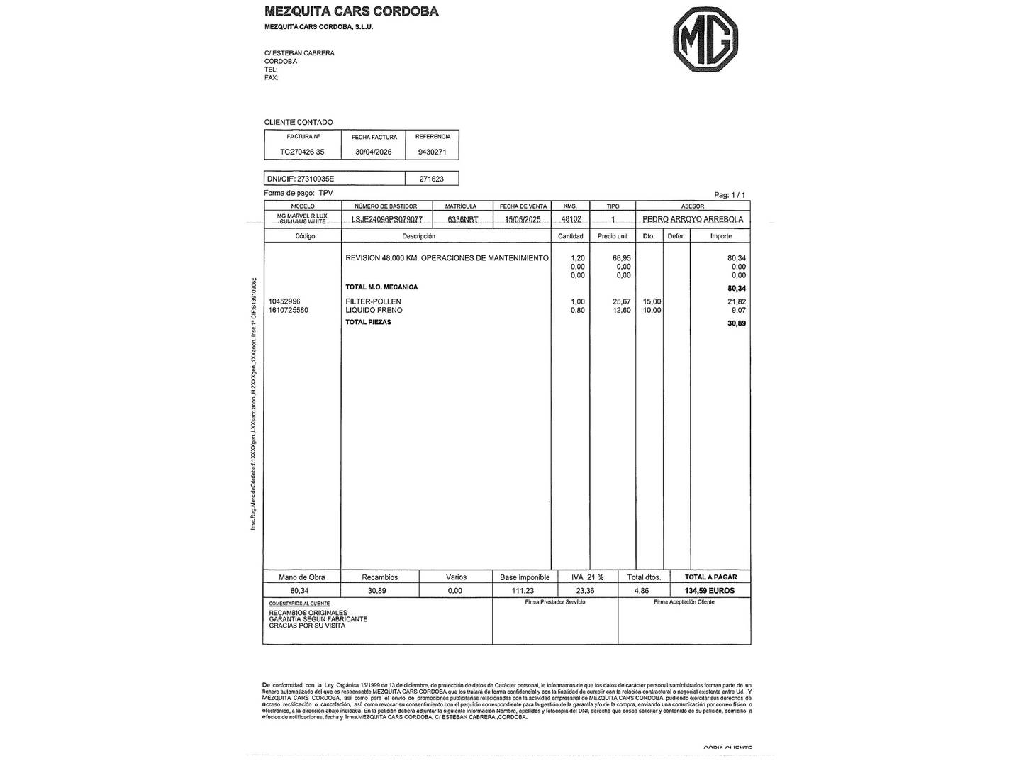 Foto del mantenimiento del MG Marvel R MG Marvel R 70kWh Luxury  (180 CV)