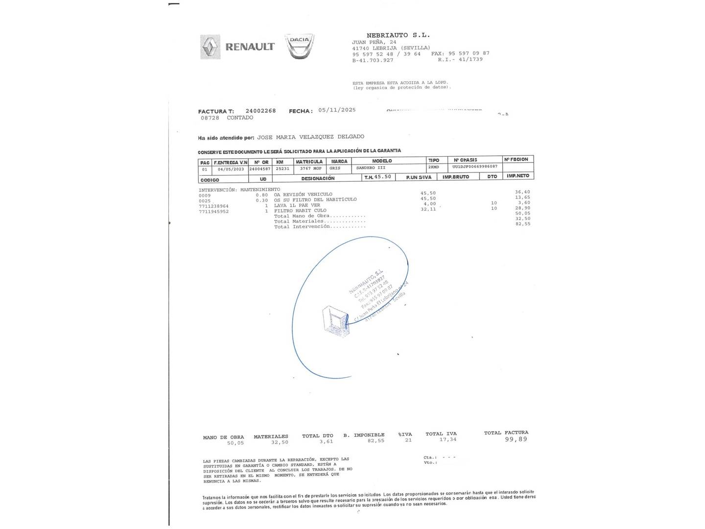 Foto del mantenimiento del Dacia Sandero Dacia Sandero Stepway Expression Go TCe (110 CV)
