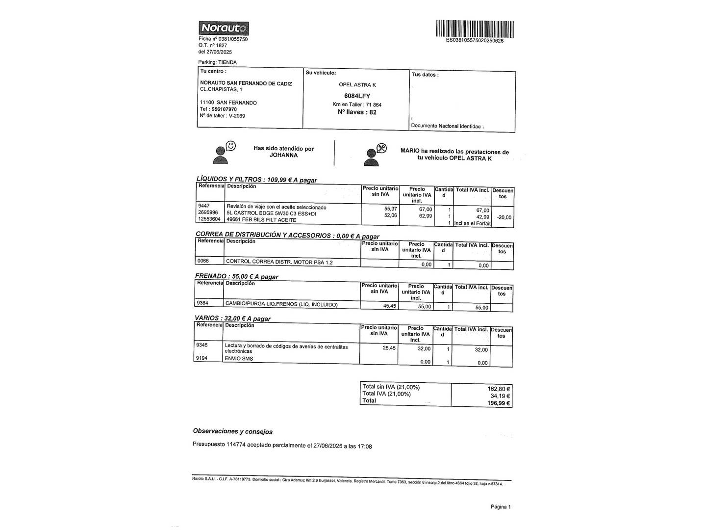 Foto del mantenimiento del Opel Astra Opel Astra 1.2 Turbo SHL GS Line (110 CV)