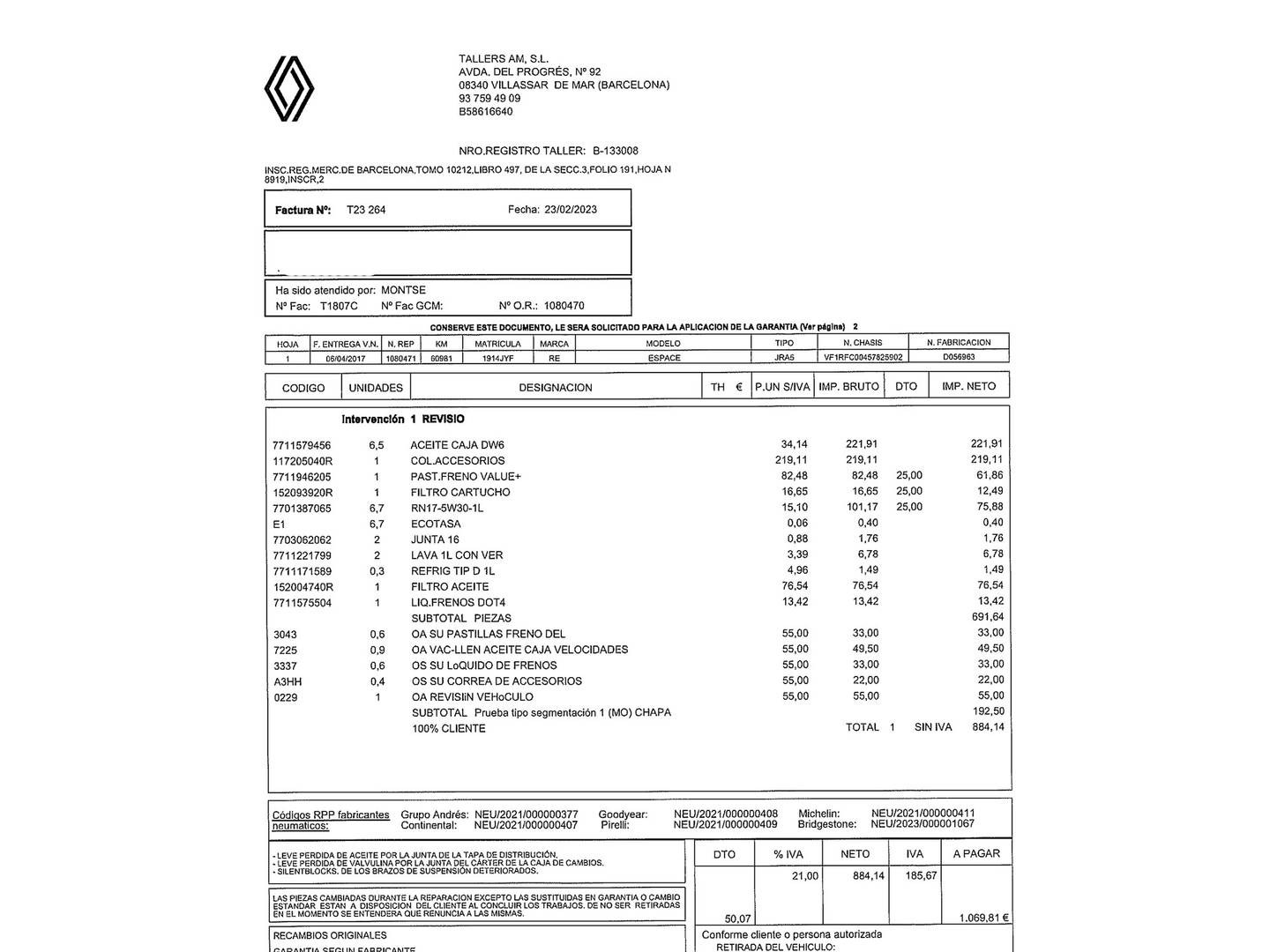 Foto del mantenimiento del Renault Espace Renault Espace Zen Energy dCi  (160 CV) TT EDC 7 Plazas