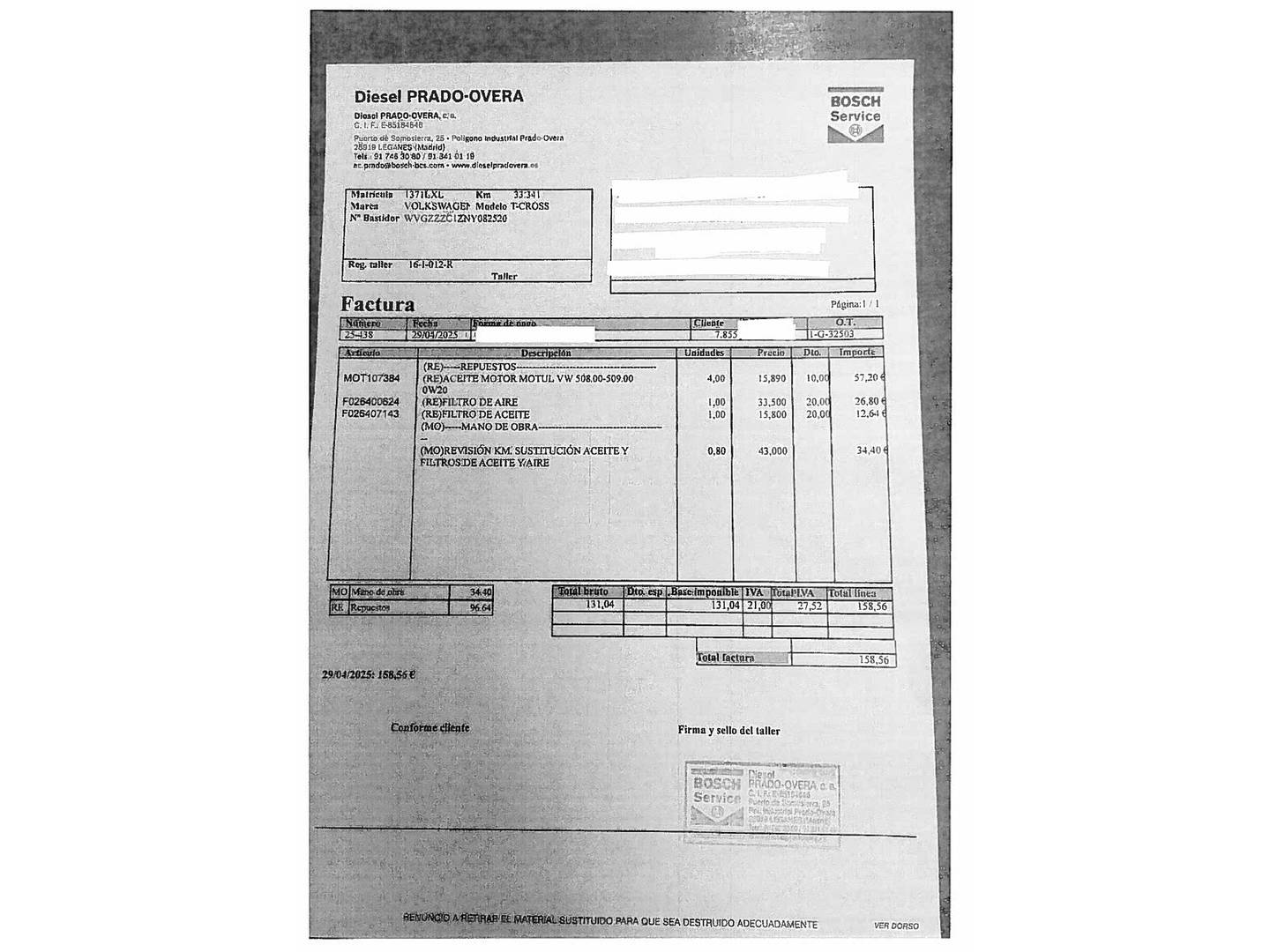 Foto del mantenimiento del Volkswagen T-Cross Volkswagen T-Cross Advance 1.0 TSI (110 CV)