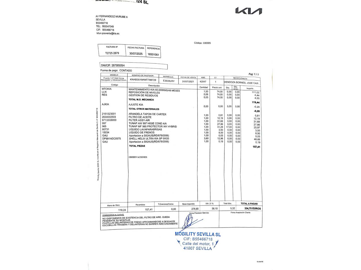 Foto del mantenimiento del KIA Picanto KIA Picanto 1.0 T-GDi X-Line (100 CV)