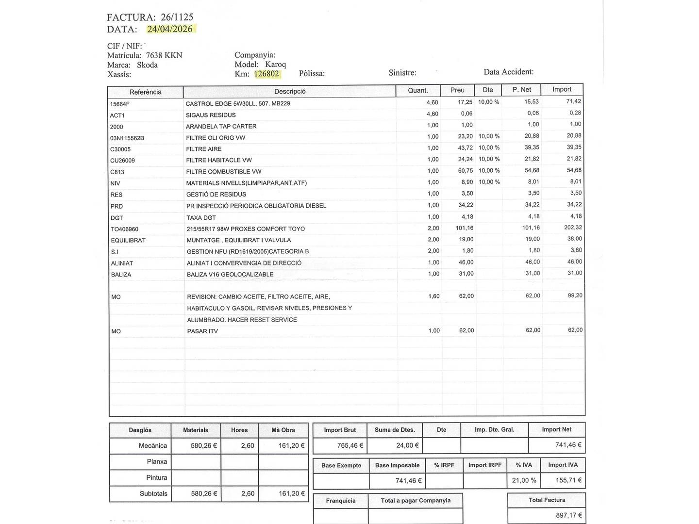 Foto del mantenimiento del Skoda Karoq Skoda Karoq 1.6 TDI Ambition (115 CV)