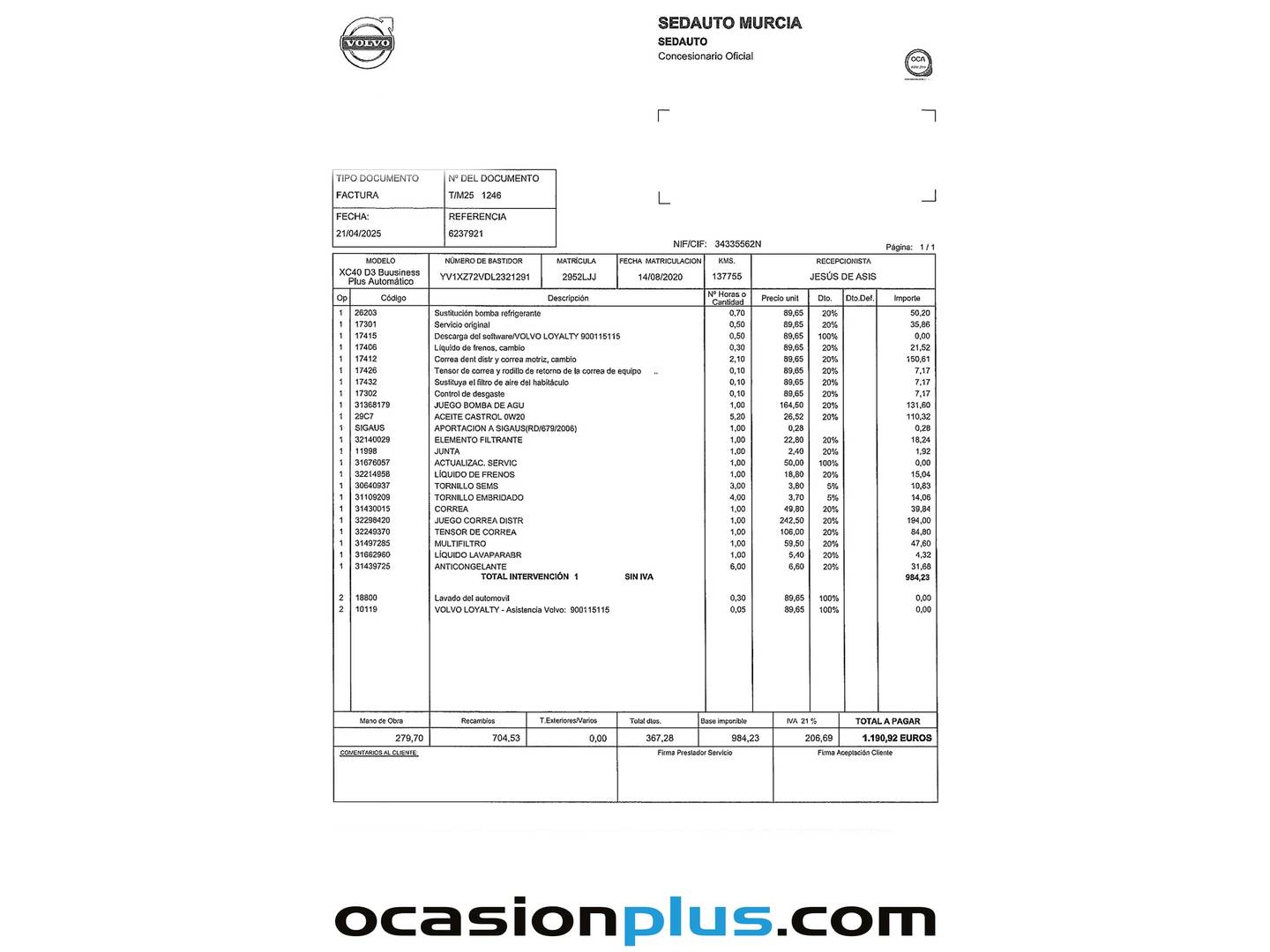 Foto del mantenimiento del Volvo XC40 Volvo XC40 D3 Business Plus Auto (150 CV)