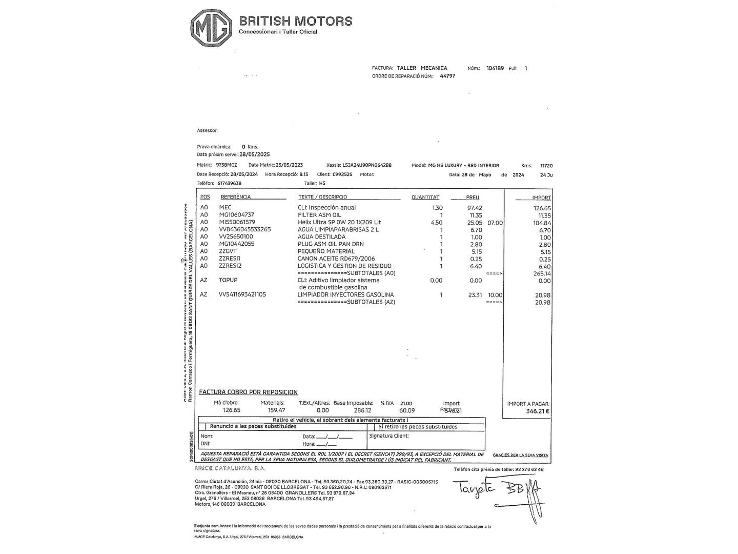 Foto del mantenimiento del MG HS MG HS 1.5 Turbo GDI Luxury (162 CV)