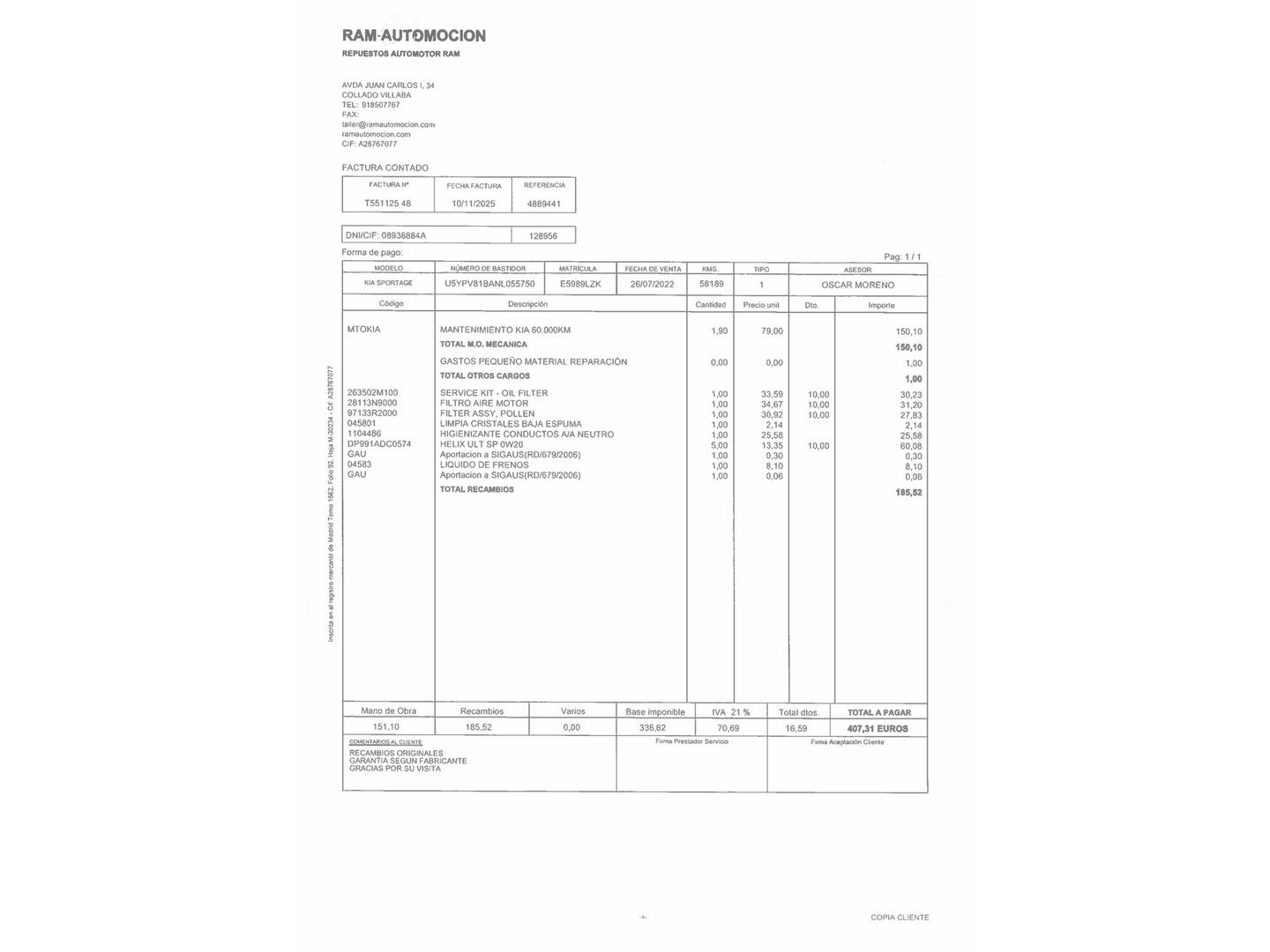 Foto del mantenimiento del KIA Sportage KIA Sportage 1.6 T-GDi MHEV Drive 4x2 (150 CV)
