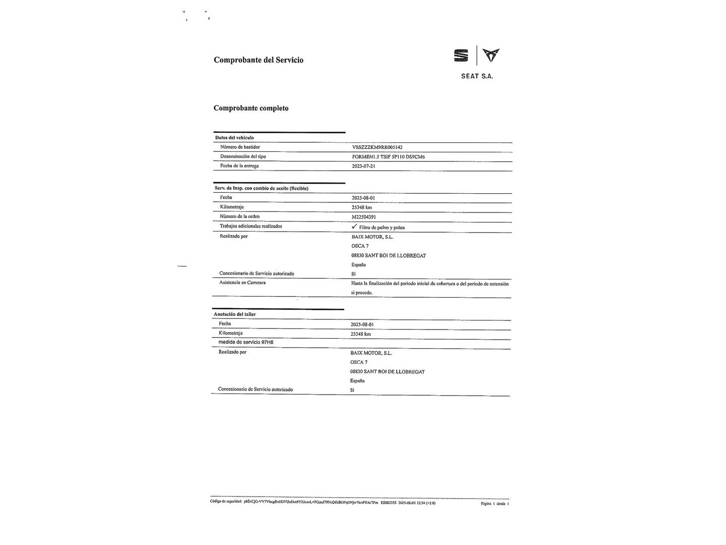Foto del mantenimiento del Cupra Formentor CUPRA Formentor 1.5 TSI  (150 CV)