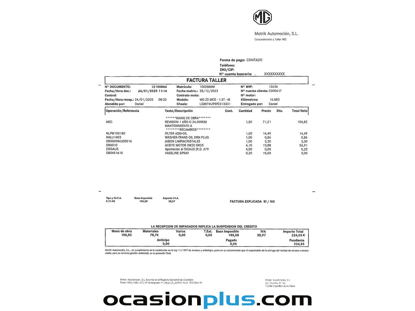 Foto del mantenimiento del MG ZS MG ZS 1.5 Comfort (106 CV)