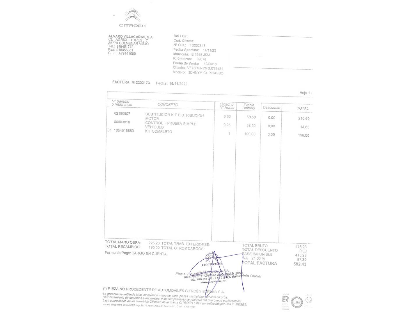 Foto del mantenimiento del Citroën C4 Picasso Citroën C4 Picasso PureTech 130 S&S Feel (130 CV)