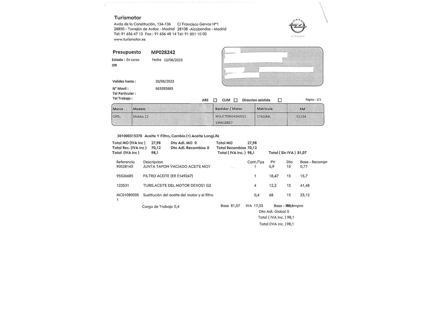 Foto del mantenimiento del Opel Mokka Opel Mokka 1.4 Turbo S&S Selective 4x2 (140 CV)
