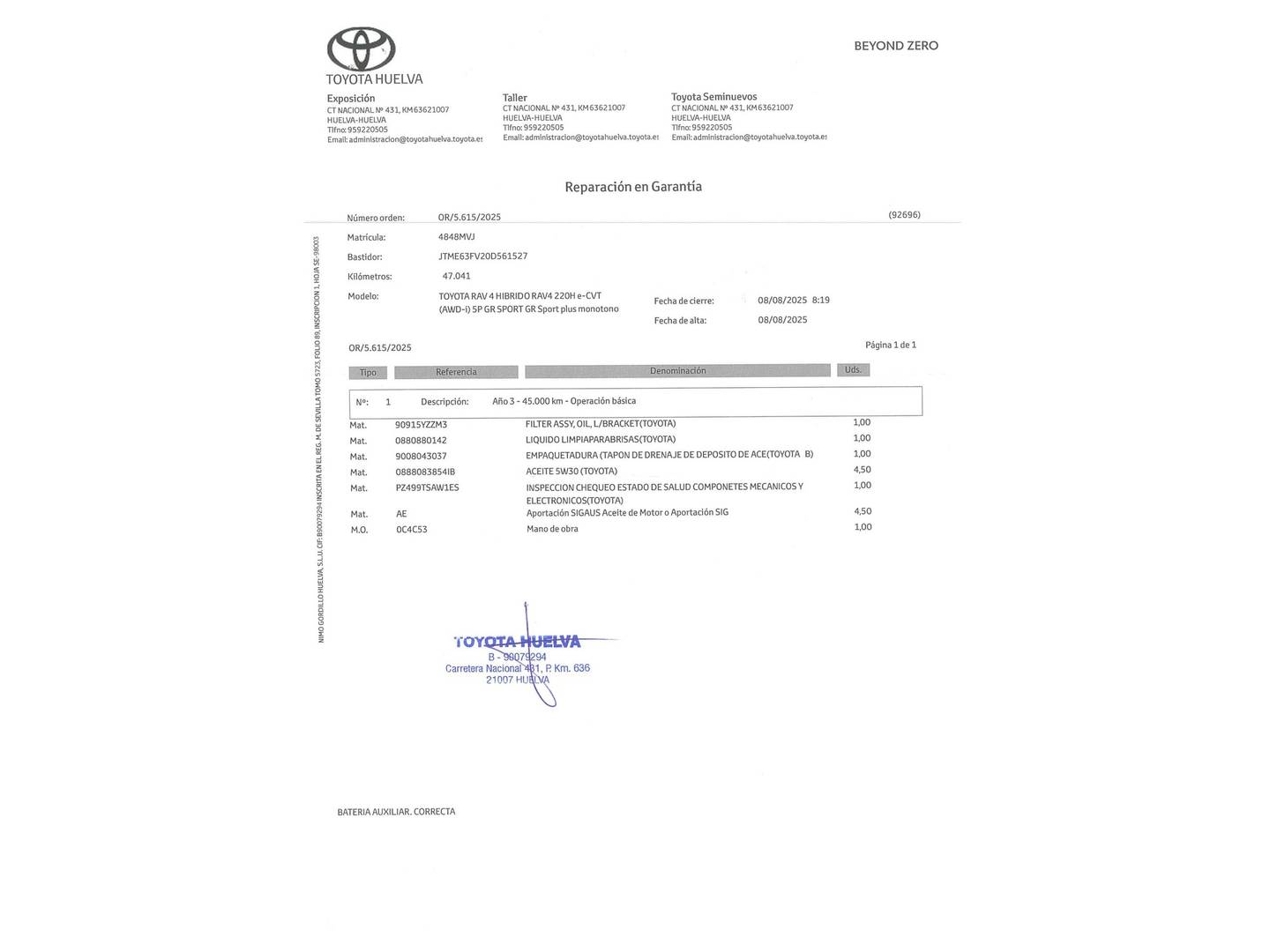 Foto del mantenimiento del Toyota Rav4 Toyota Rav4 2.5 220H GR-Sport Plus 4x4 e-CVT (222 CV)