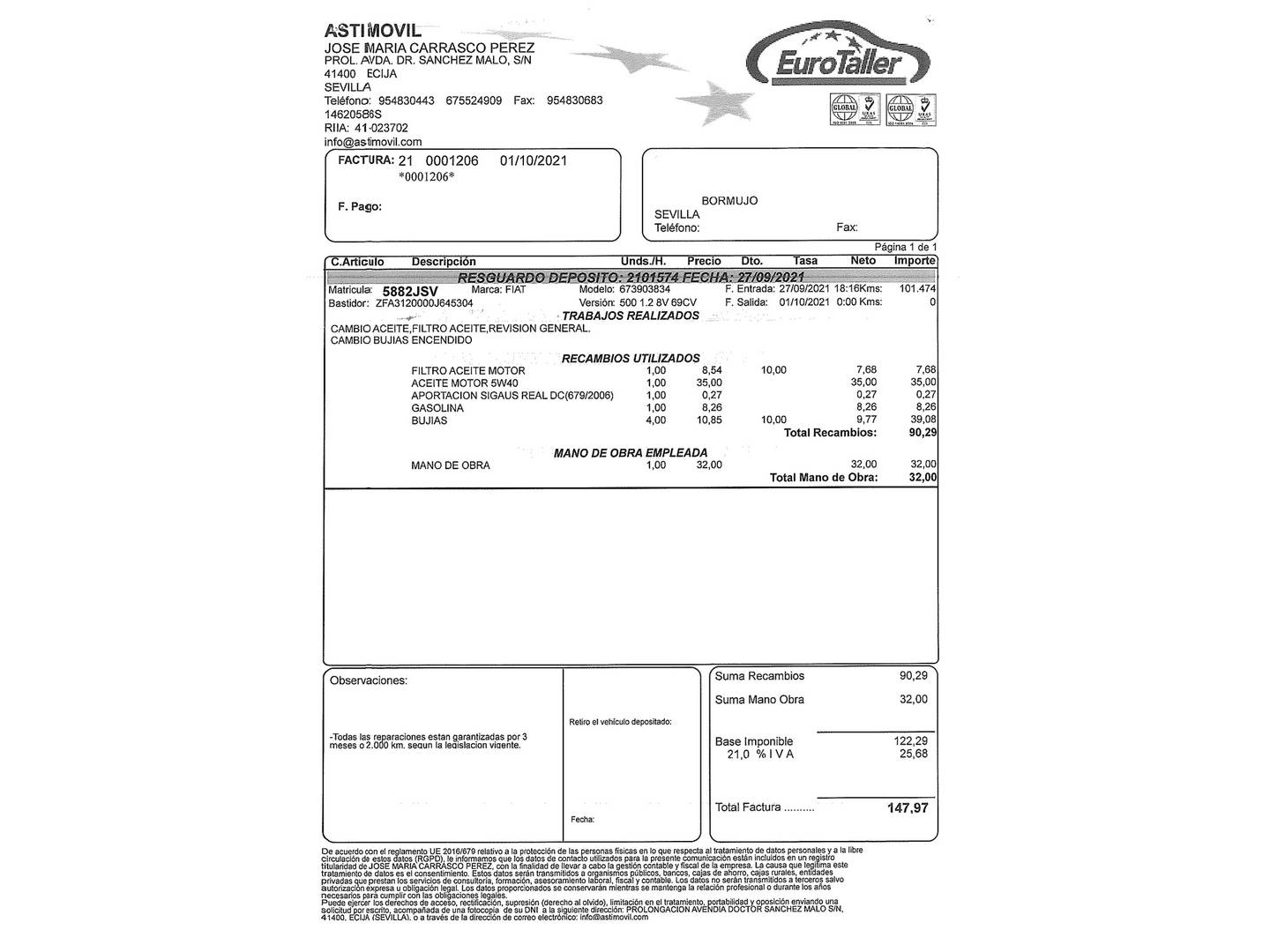 Foto del mantenimiento del Fiat 500 Fiat 500 1.2 8v Lounge (69 CV)