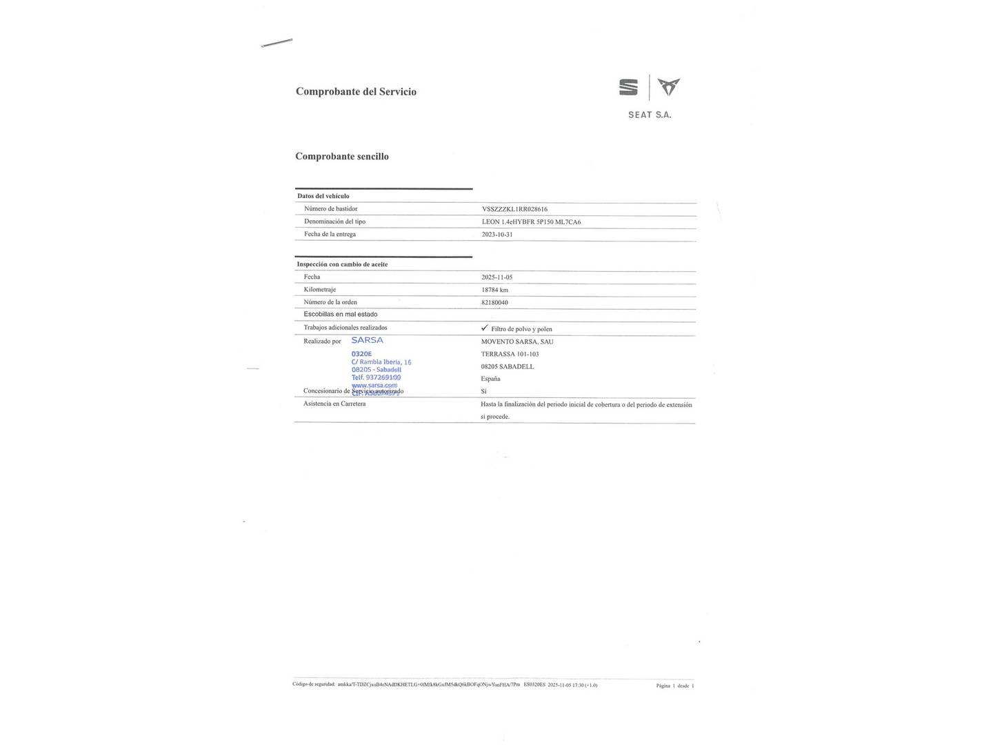 Foto del mantenimiento del Seat León Seat León 1.4 e-Hybrid S&S FR XL DSG (204 CV)