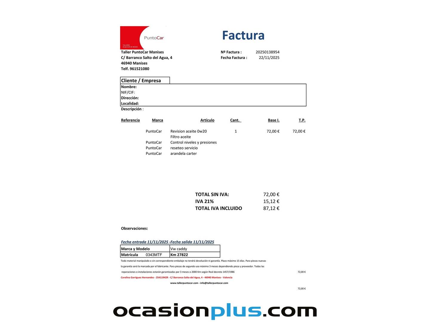 Foto del mantenimiento del Volkswagen Caddy Volkswagen Caddy Origin 2.0 TDI (102 CV)