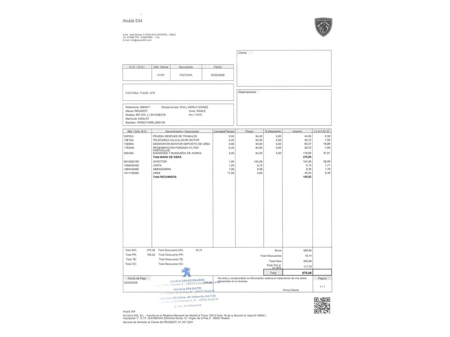 Foto del mantenimiento del Peugeot Rifter Peugeot Rifter BlueHDi 130 GT Line Standard EAT8 (130 CV)