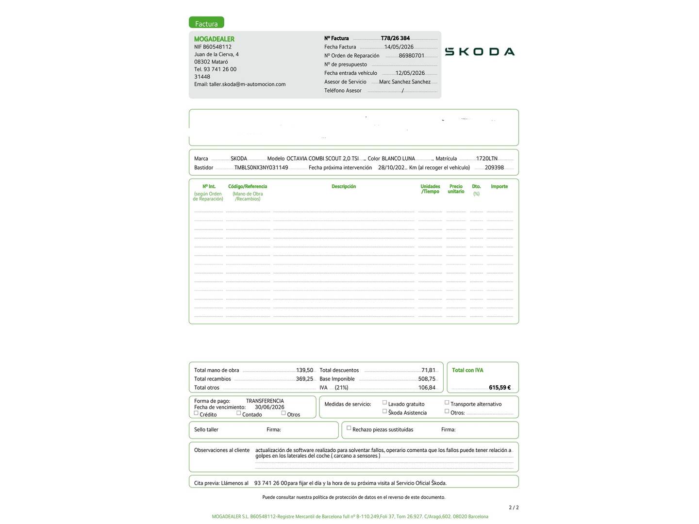 Foto del mantenimiento del Skoda Octavia Skoda Octavia Combi 2.0 TSI 140kW(190CV) DSG 4X4 Scout