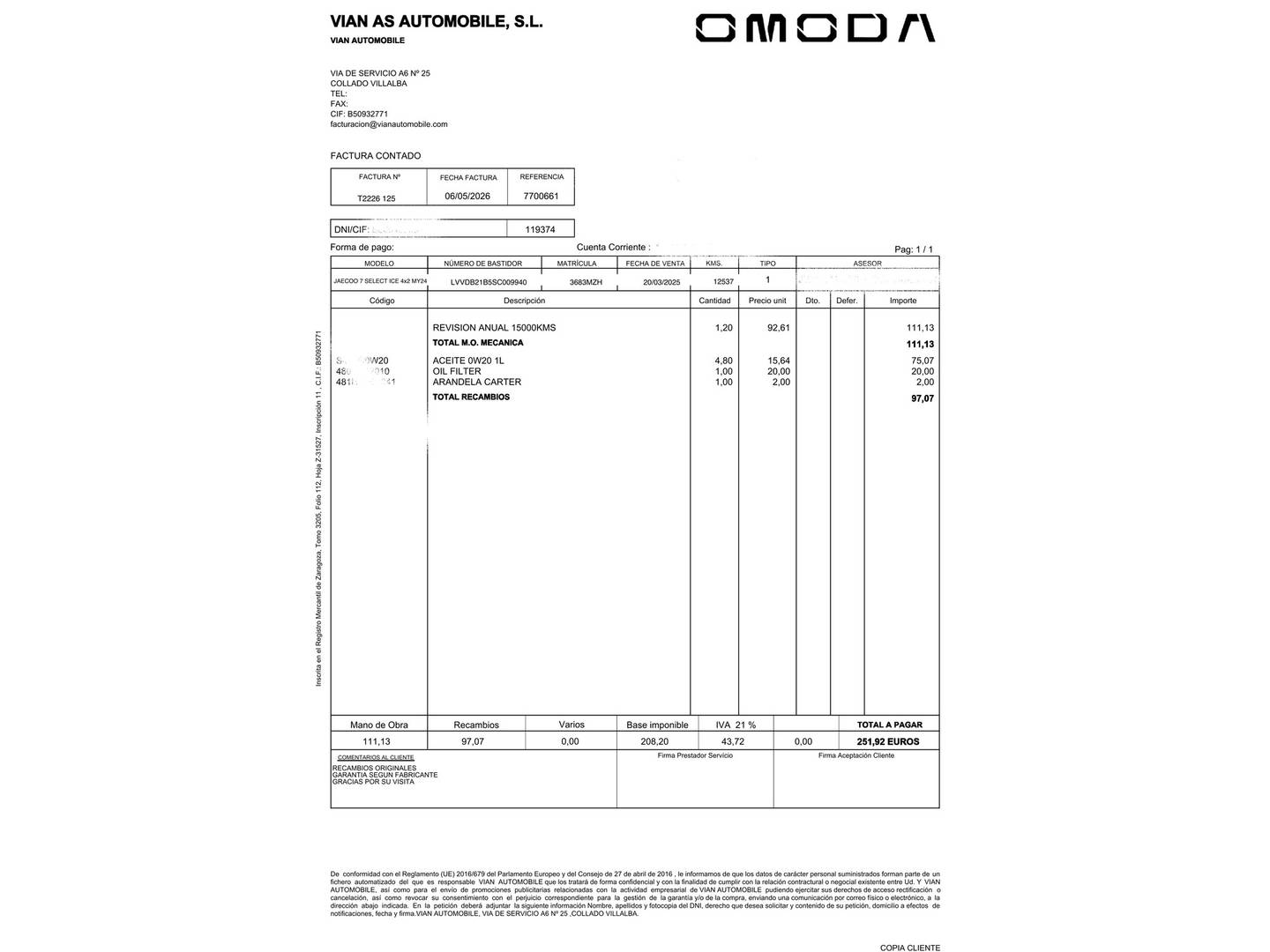 Foto del mantenimiento del JAECOO 7 JAECOO 7 1.6 TGDI Select FWD (145 CV)