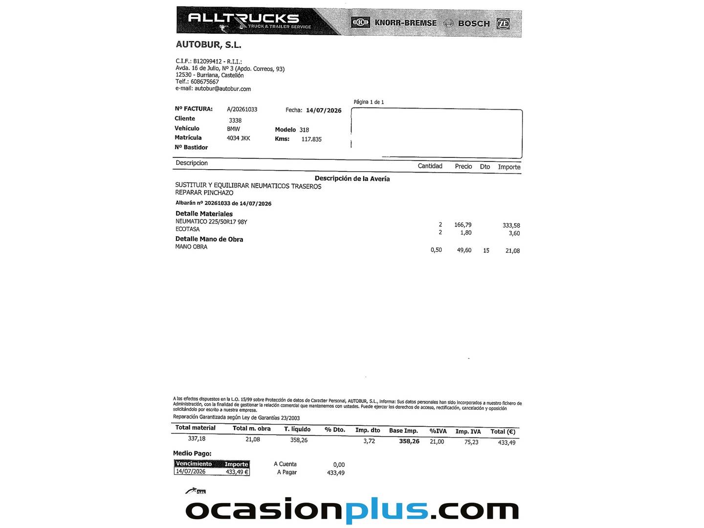 Foto del mantenimiento del BMW Serie 3 BMW Serie 3 318d Touring (150 CV)