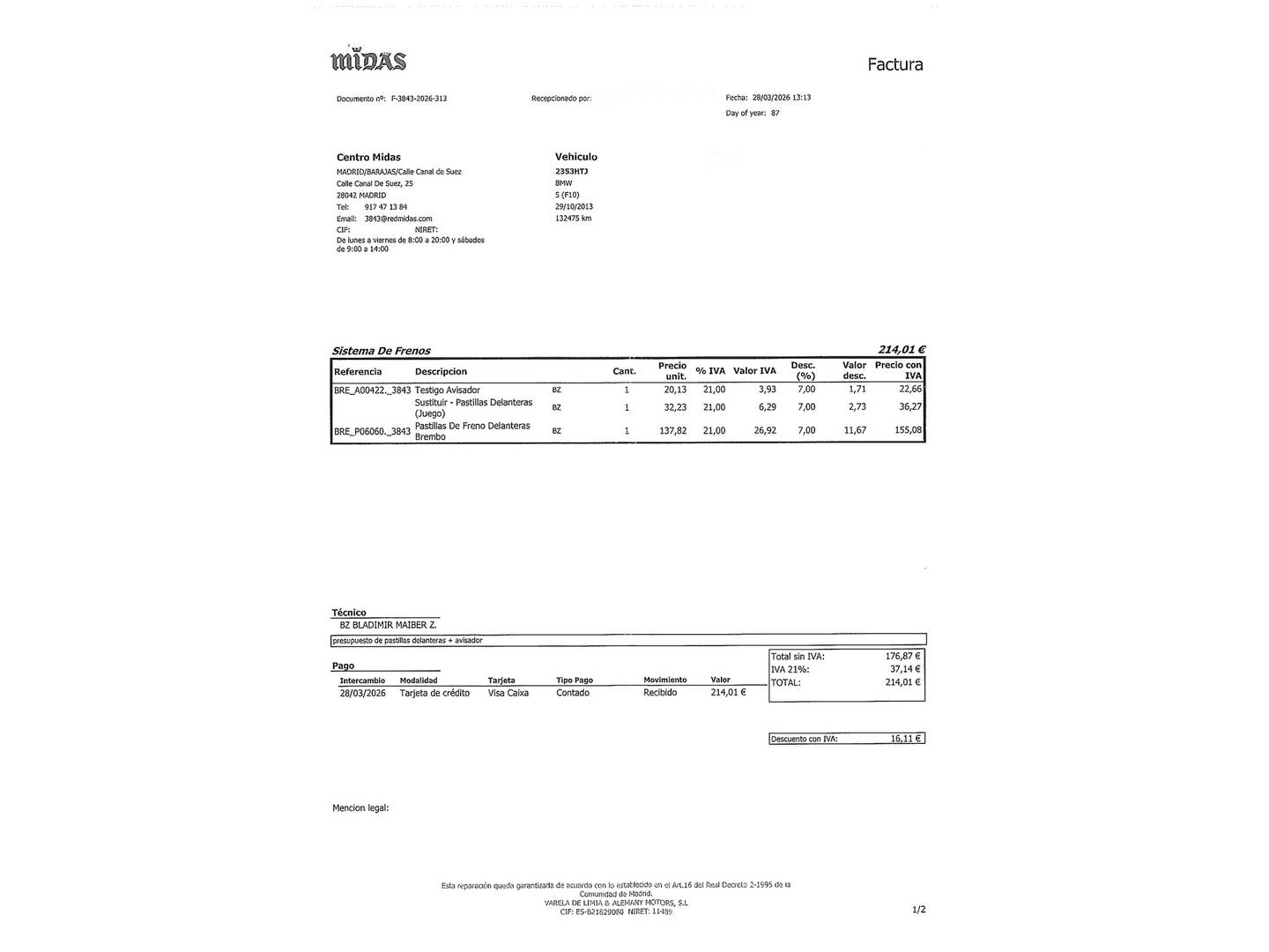 Foto del mantenimiento del BMW Serie 5 BMW Serie 5 520d (184 CV)