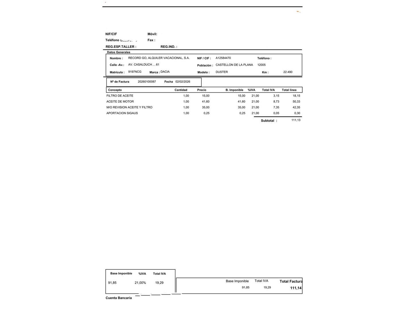 Foto del mantenimiento del Dacia Duster Dacia Duster Journey TCE 48v 4X2 (130 CV)