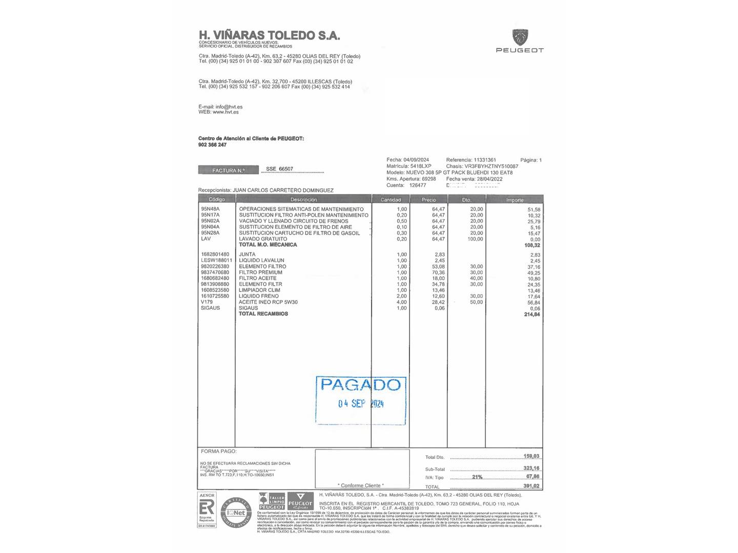 Foto del mantenimiento del Peugeot 308 Peugeot 308 BlueHDi 130 S&S GT Pack EAT8 (130 CV)