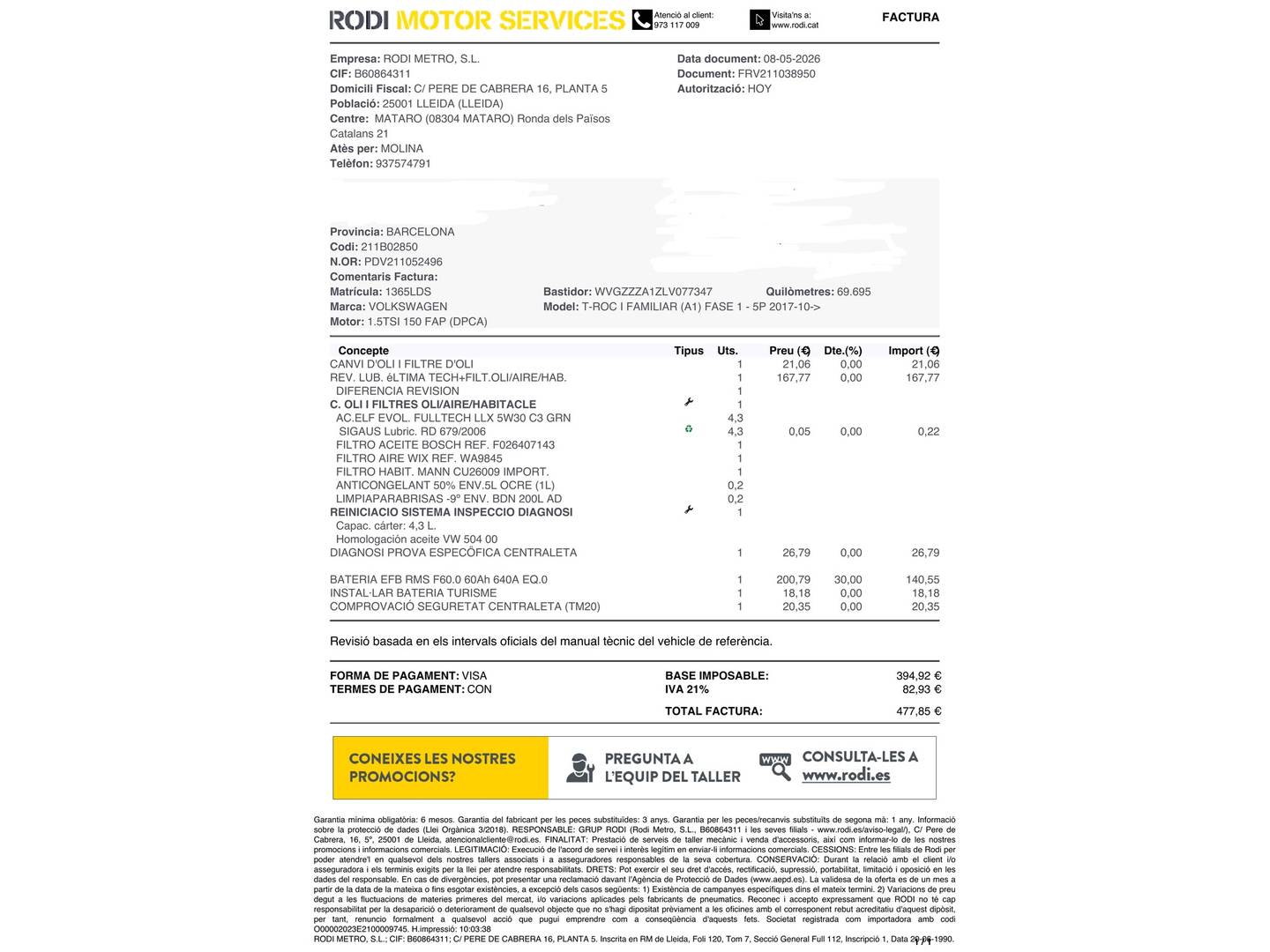 Foto del mantenimiento del Volkswagen T-Roc Volkswagen T-Roc Advance 1.5 TSI (150 CV) DSG