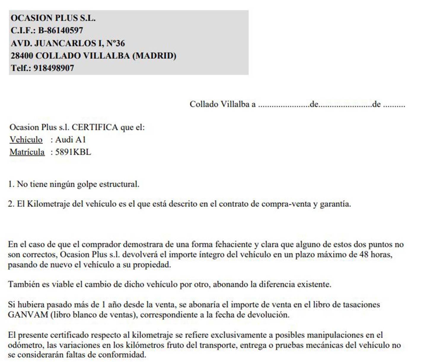 Foto del certificado del Audi A1 Audi A1 Adrenalin 1.4 TFSI Pack S-line (125 CV)