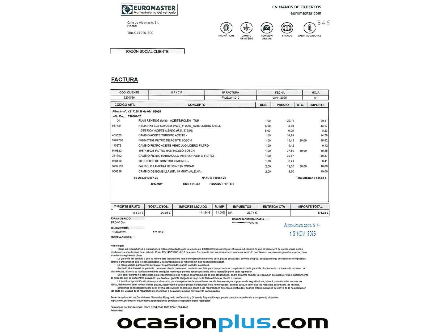 Foto del mantenimiento del Peugeot Rifter Peugeot Rifter Rifter Active Pack Business Standard BlueHDi (100 CV)