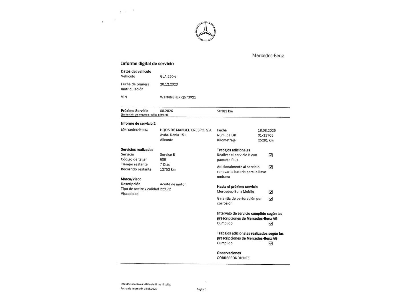 Foto del mantenimiento del Mercedes GLA Mercedes GLA 250 e (218 CV) Pack AMG