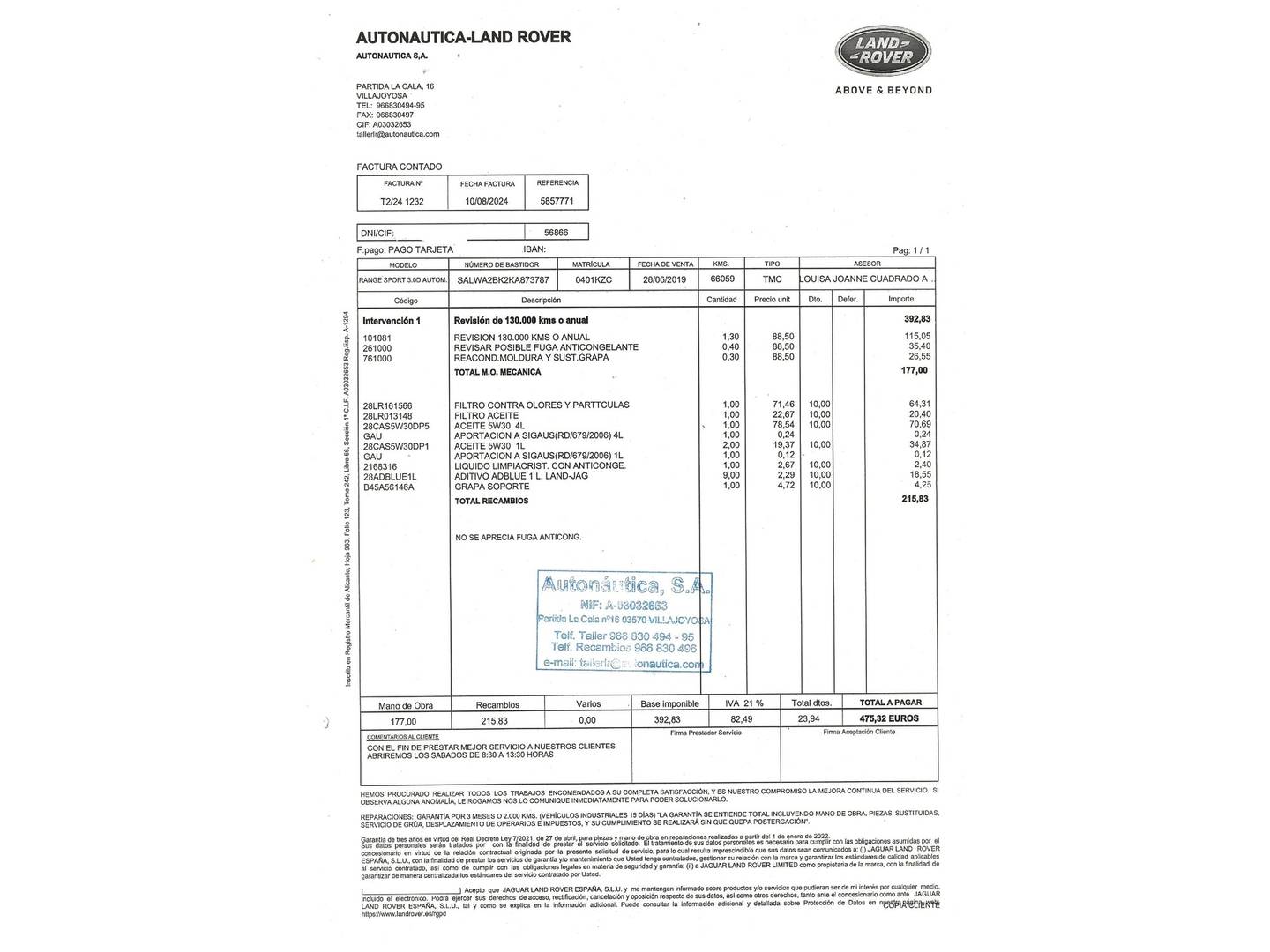 Foto del mantenimiento del Land Rover Range Rover Sport Land Rover Range Rover Sport 3.0 SDV6 HSE Dynamic (306 CV)