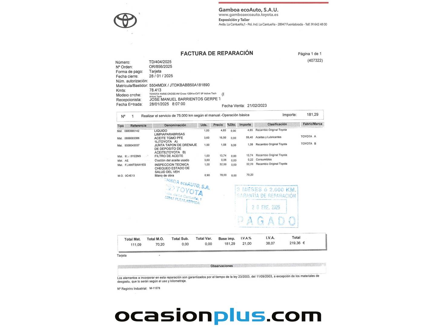 Foto del mantenimiento del Toyota Yaris Cross Toyota Yaris Cross 120H Active Tech (116 CV)