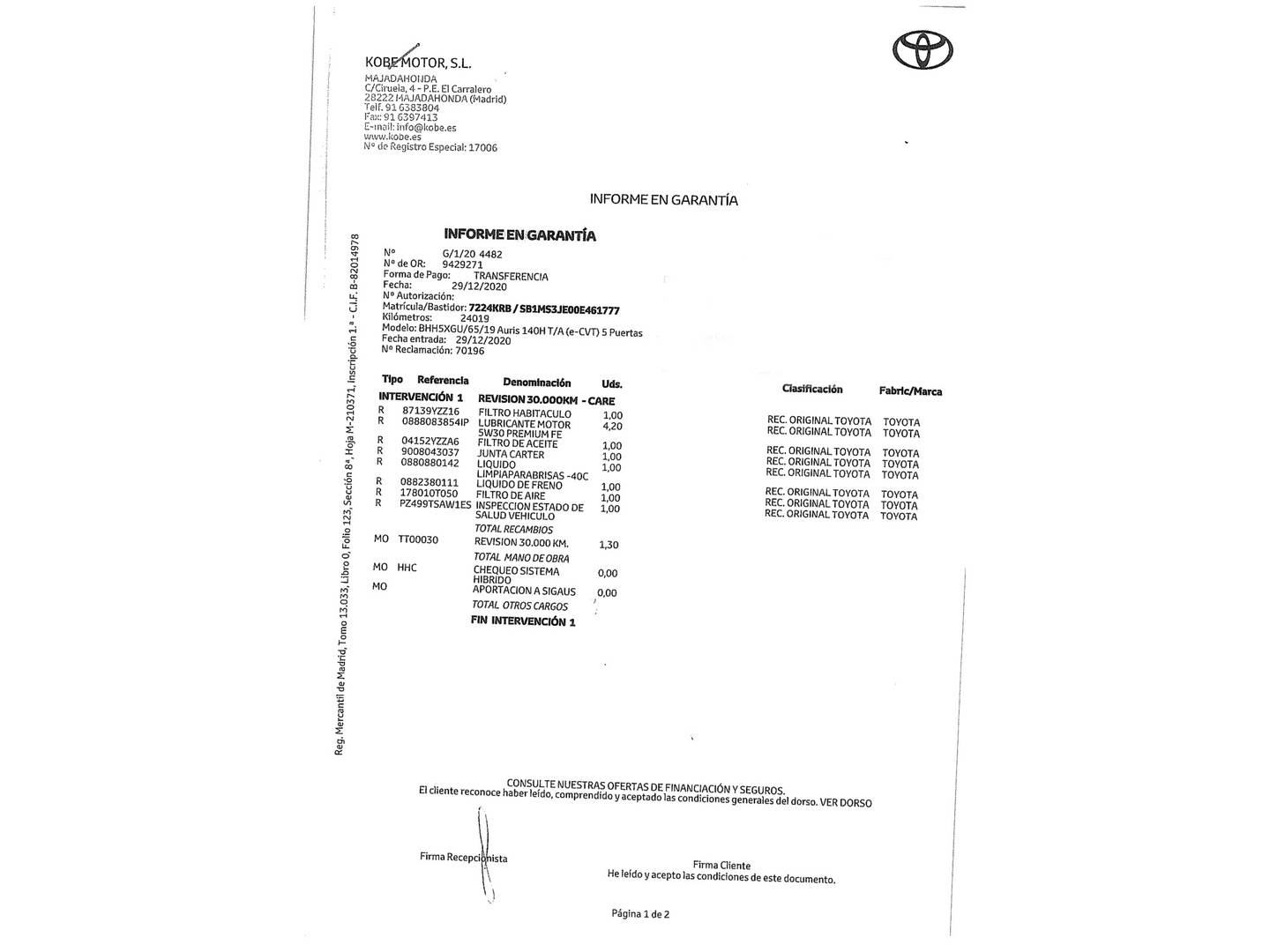 Foto del mantenimiento del Toyota Auris Toyota Auris 140H Hybrid Feel! Edition (136 CV)