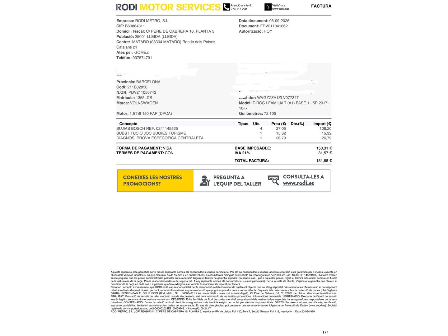 Foto del mantenimiento del Volkswagen T-Roc Volkswagen T-Roc Advance 1.5 TSI (150 CV) DSG