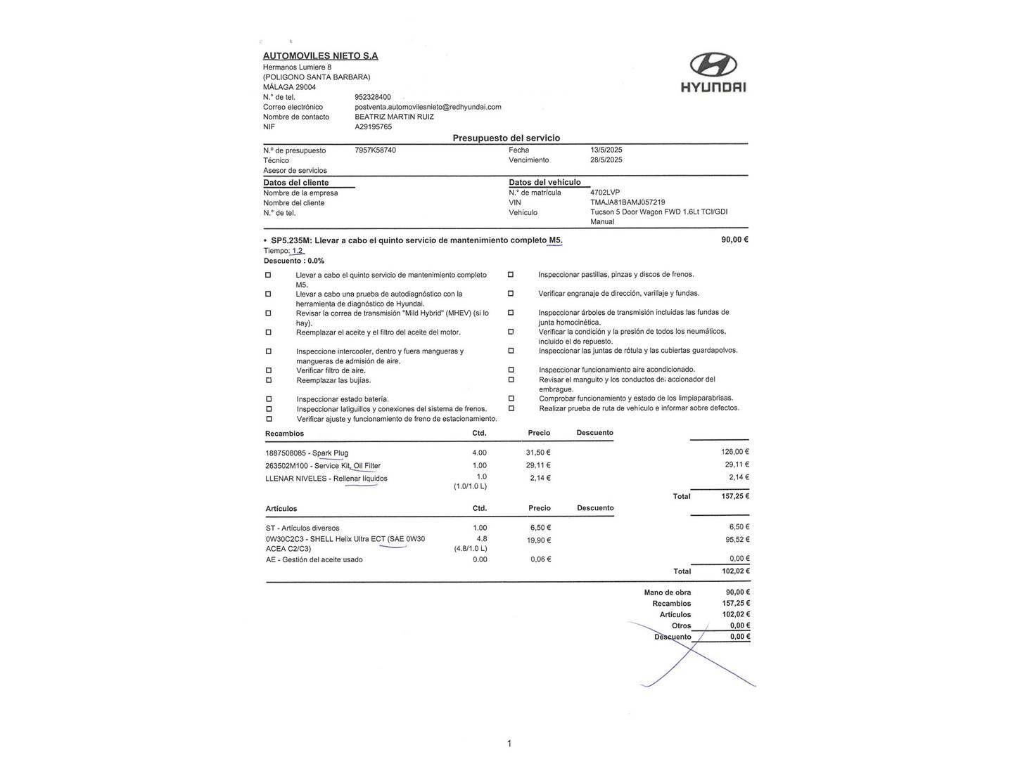 Foto del mantenimiento del Hyundai Tucson Hyundai Tucson 1.6 TGDI 48V N-Line 4X2 (150 CV)