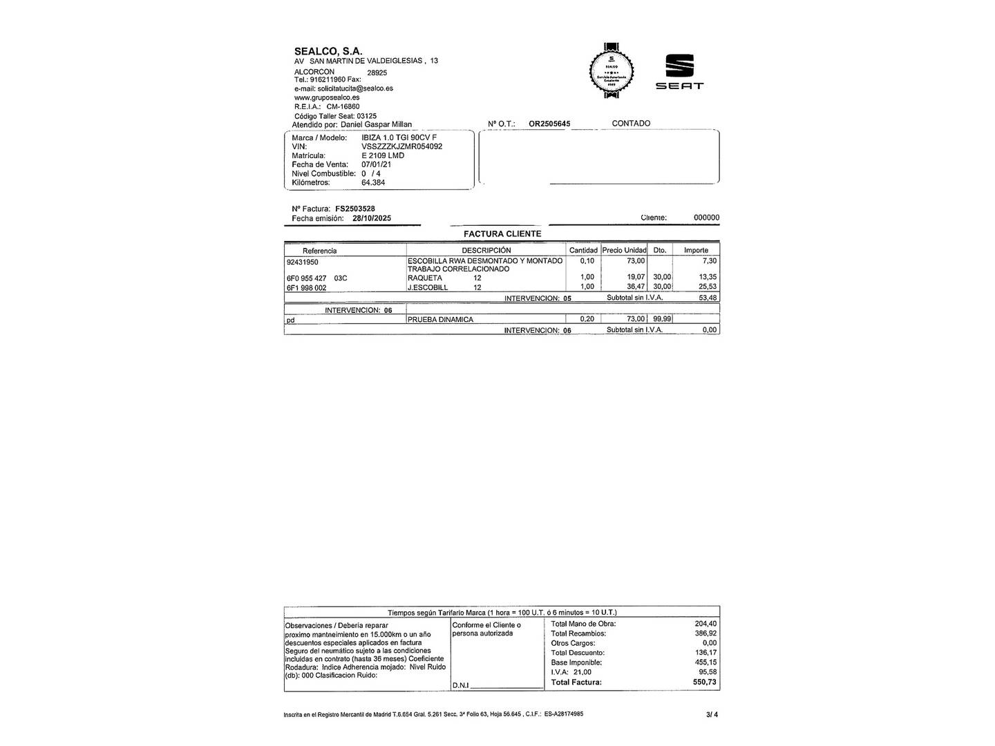 Foto del mantenimiento del Seat Ibiza Seat Ibiza 1.0 TGI FR (90 CV)