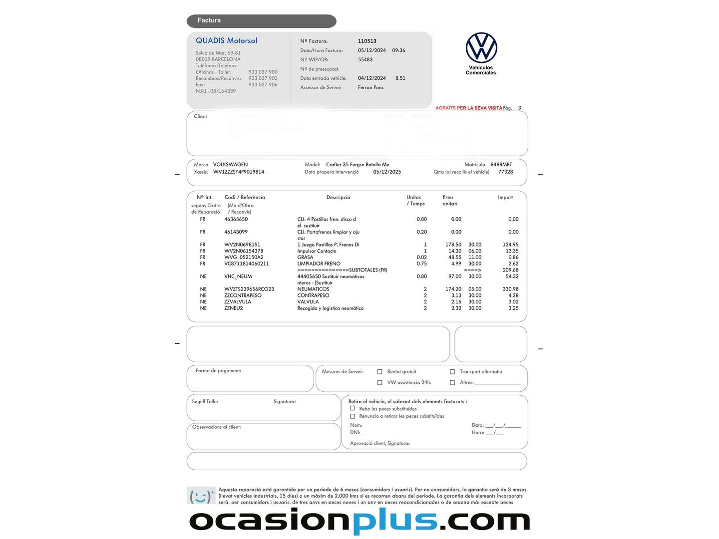 Foto del mantenimiento del Volkswagen Crafter Volkswagen Crafter Furgon Batalla Media TN 2.0 TDI (102 CV) 3.500
