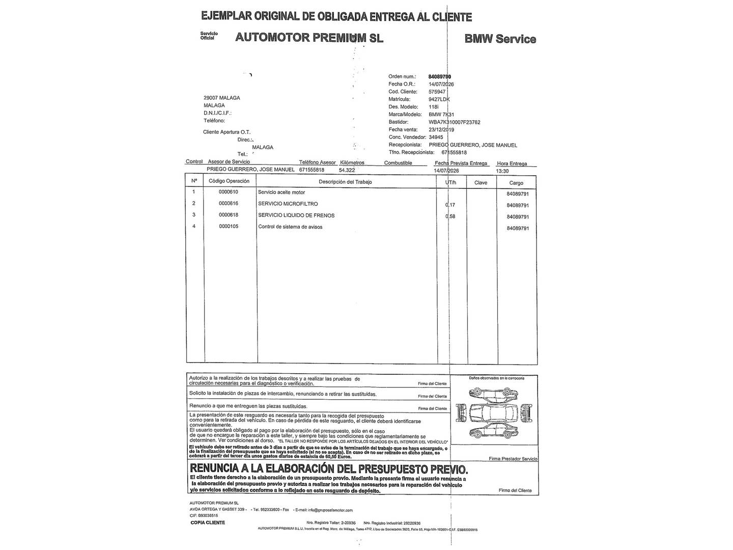 Foto del mantenimiento del BMW Serie 1 BMW Serie 1 118i (140 CV) Pack M