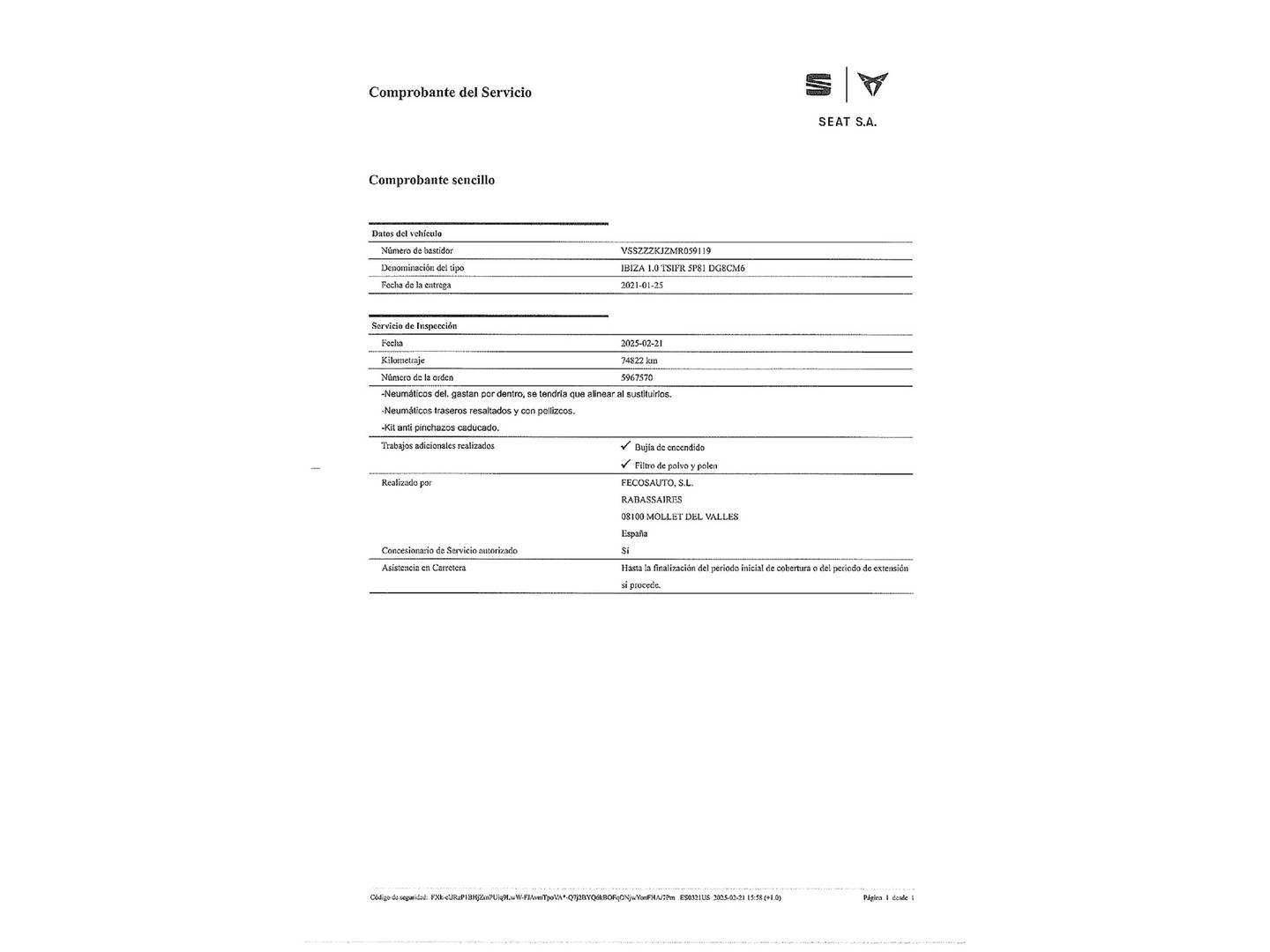 Foto del mantenimiento del Seat Ibiza Seat Ibiza 1.0 TSI FR (110 CV)