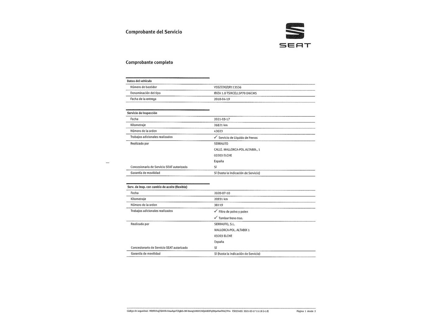 Foto del mantenimiento del Seat Ibiza Seat Ibiza 1.0 EcoTSI Xcellence S&S (95 CV)