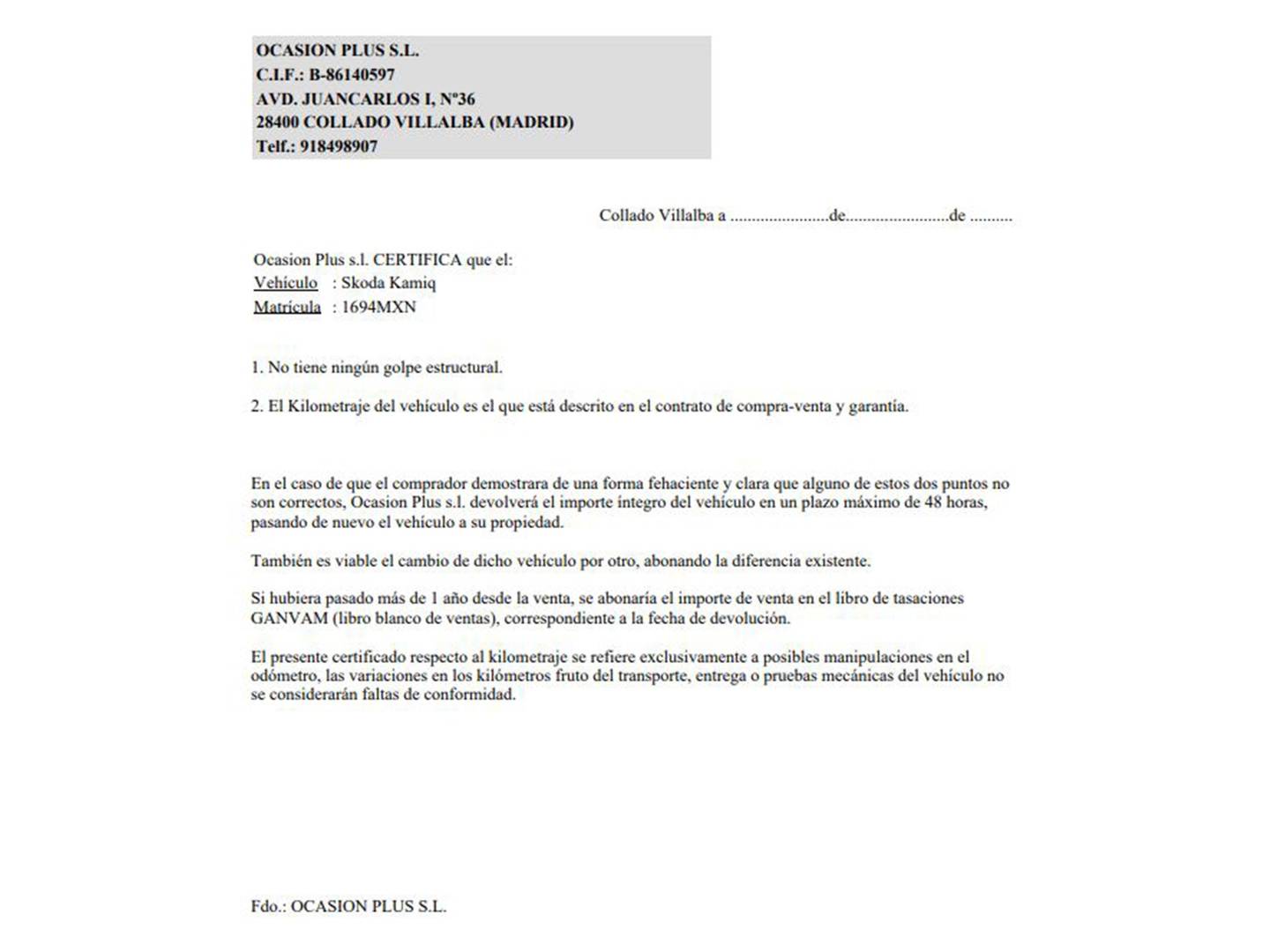 Foto del certificado del Skoda Kamiq Skoda Kamiq 1.5 TSI Montecarlo DSG (150 CV)