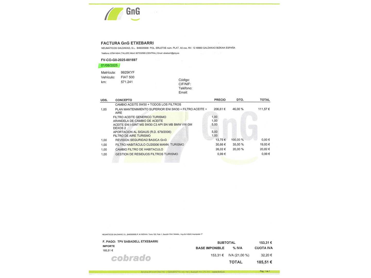 Foto del mantenimiento del Fiat 500 Fiat 500 1.2 8v Lounge (69 CV)