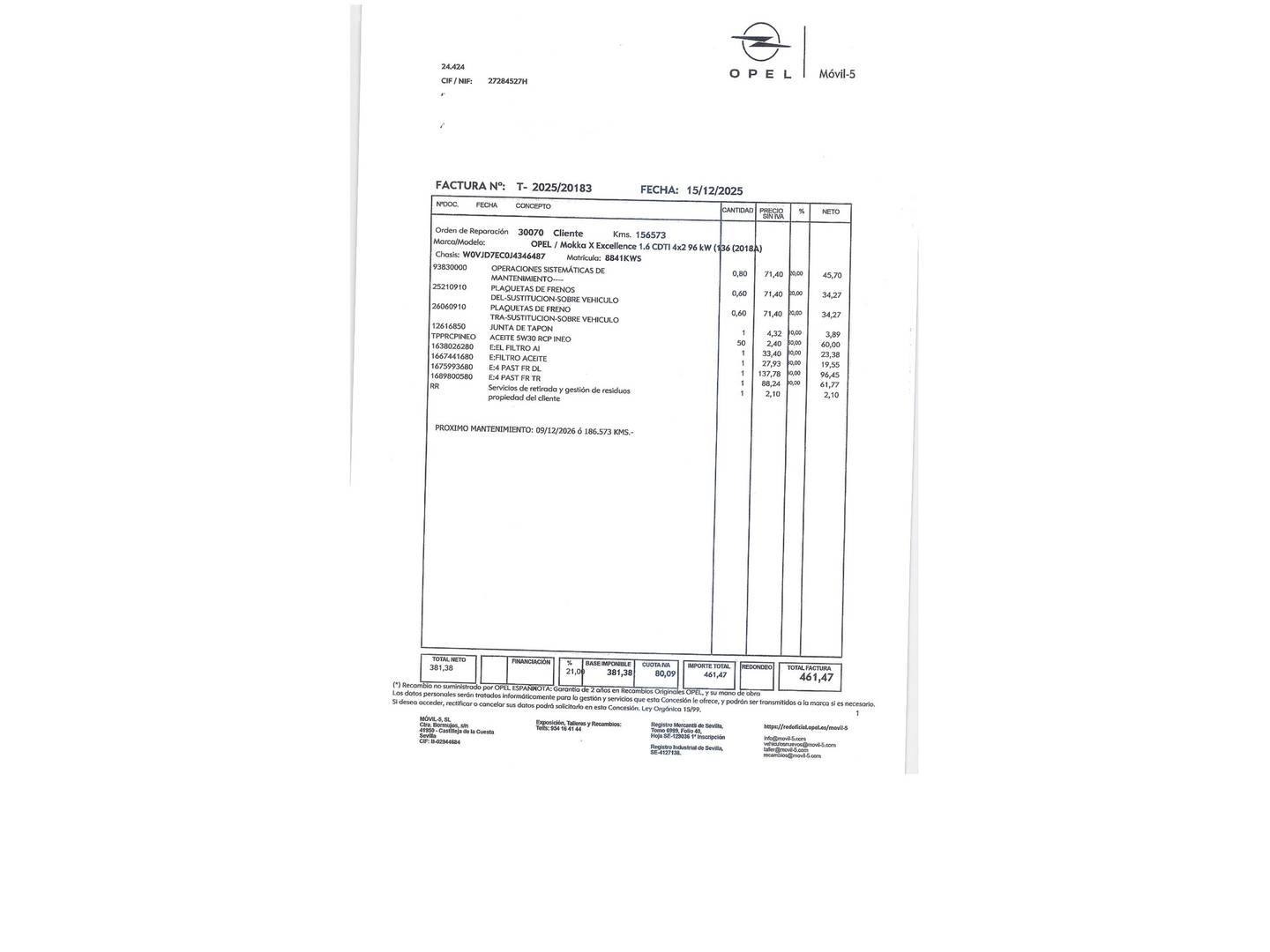 Foto del mantenimiento del Opel Mokka X Opel Mokka X 1.6 CDTi Excellence 4X2 Auto (136 CV)