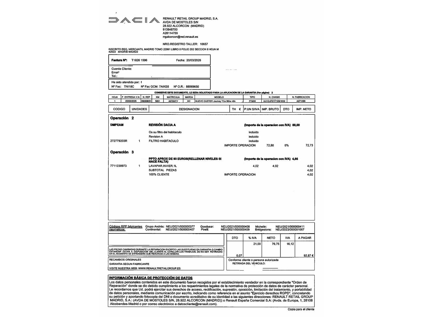 Foto del mantenimiento del Dacia Duster Dacia Duster Journey TCE 48v 4X2 (130 CV)