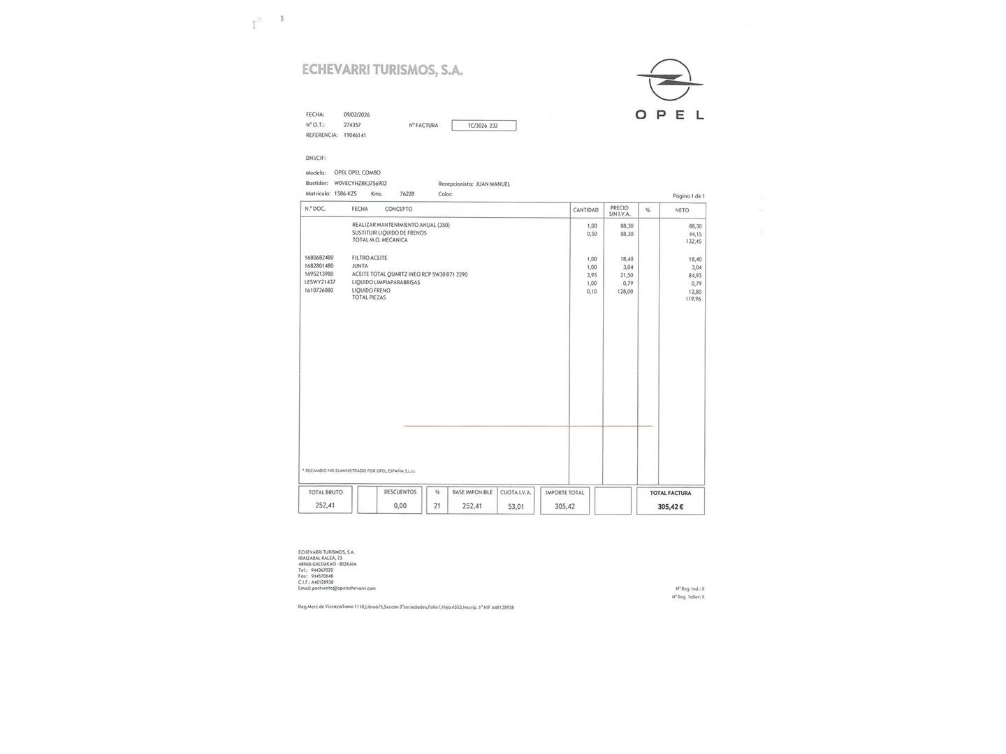 Foto del mantenimiento del Opel Combo Life Opel Combo Life 1.5 TD S&S Innovation L Auto (131 CV)