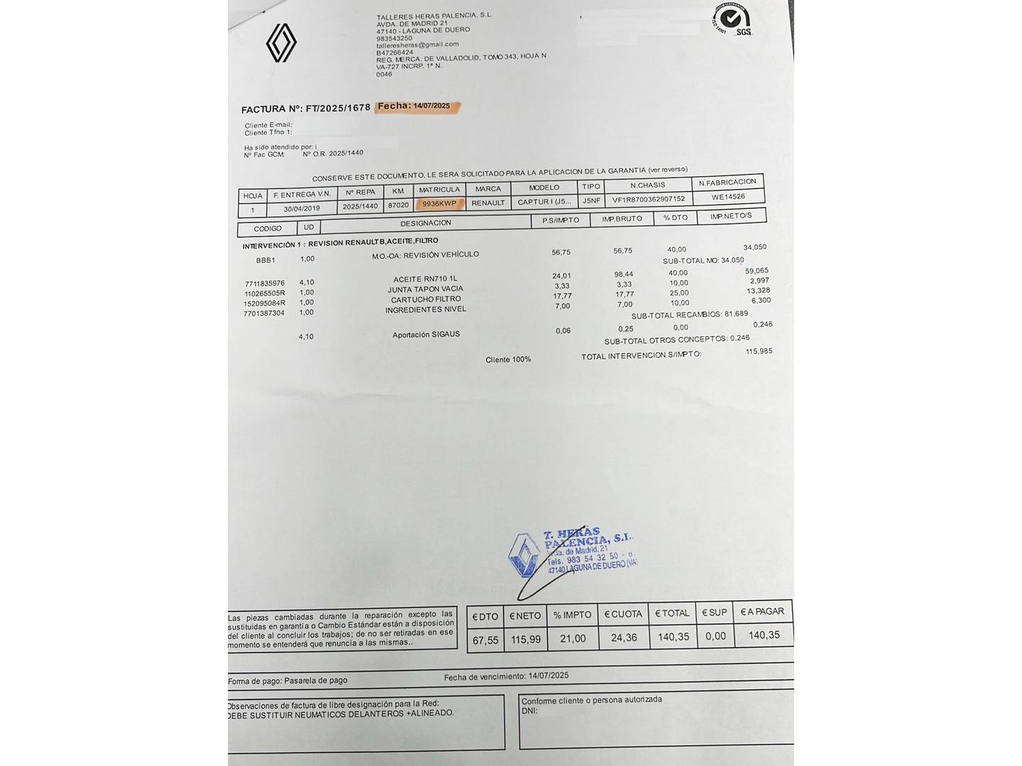 Foto del mantenimiento del Renault Captur Renault Captur Zen TCe (90 CV)
